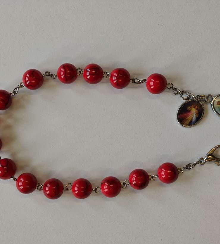 Red Rosary Bracelet with Our Lady and Divine Mercy Medal